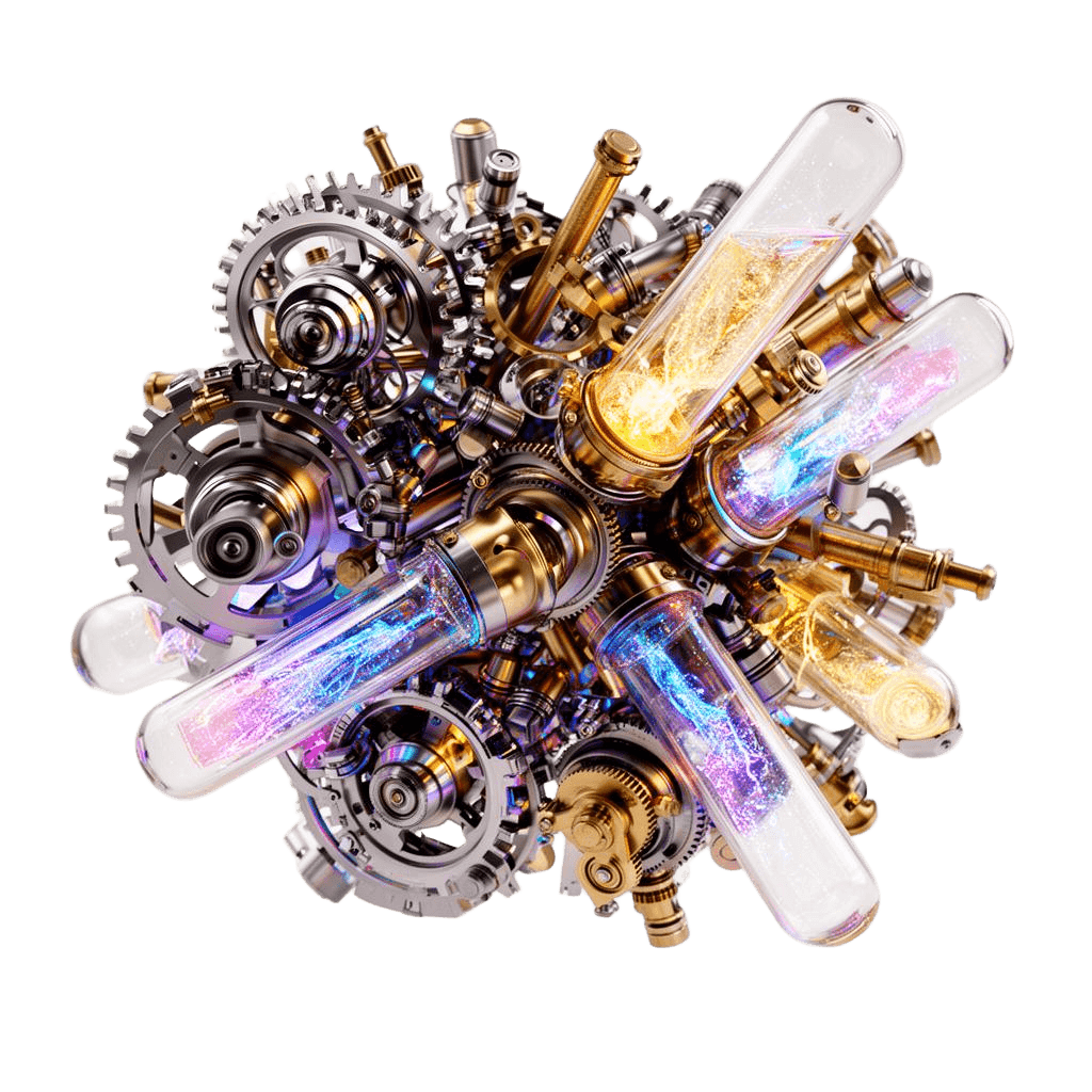 Iridescent chrome mechanism with glowing glass tubes representing AI engineering architecture