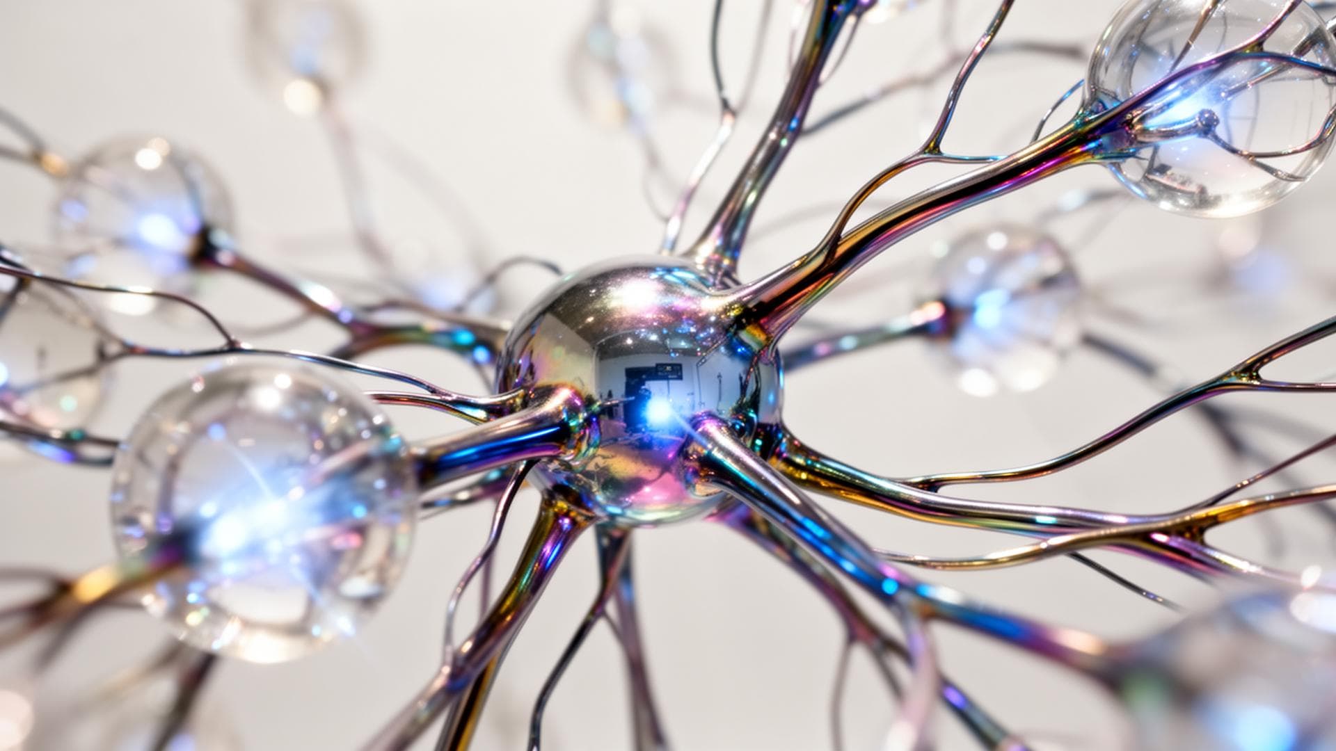 Iridescent neural sculpture — abstract representation of Propilo's domain models