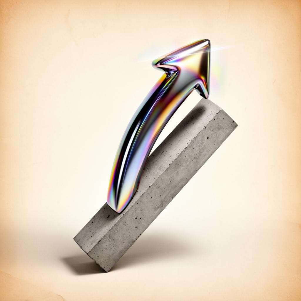 Iridescent chrome arrow ascending through a concrete bar — Propilo profit engine