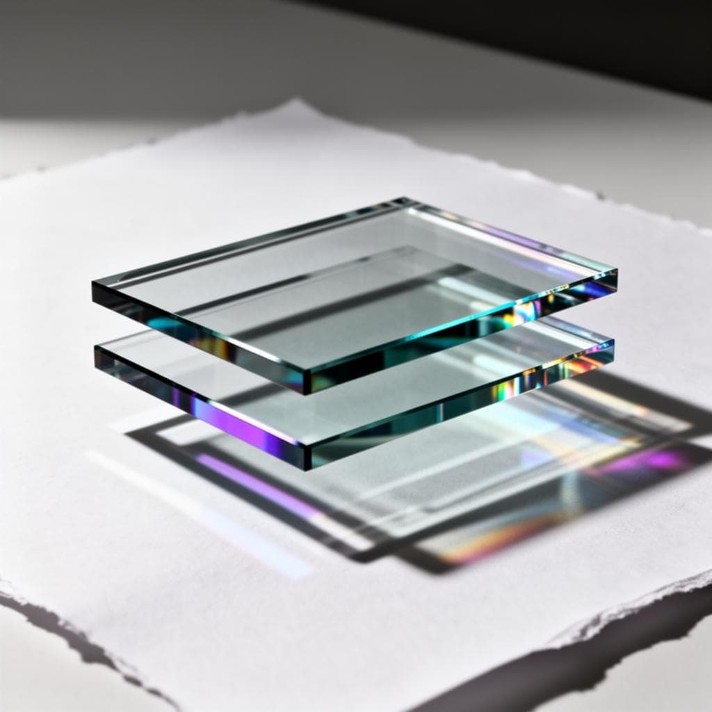 Stacked iridescent glass strata representing Propilo product surfaces