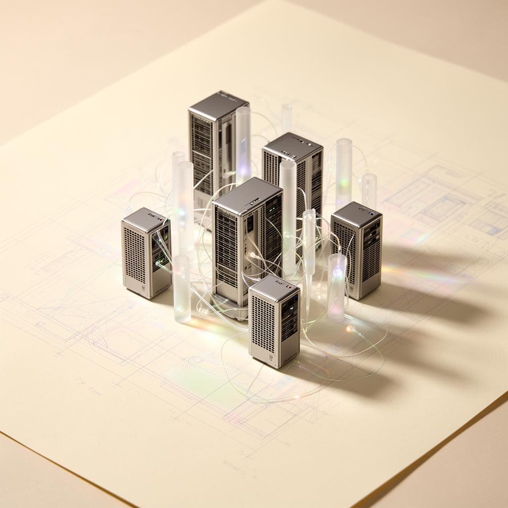 Floating brushed-titanium server cluster with iridescent fiber connections