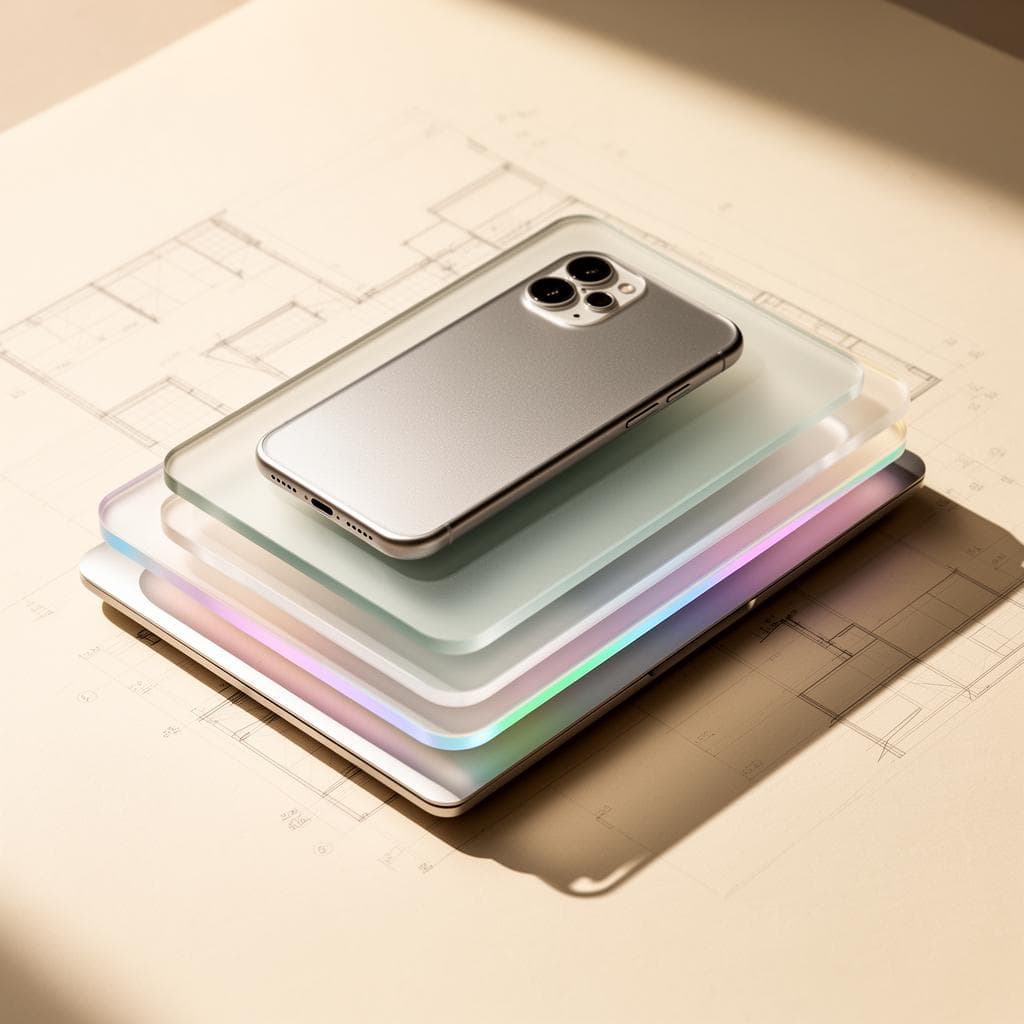 Stacked frosted glass devices representing cross-platform product engineering