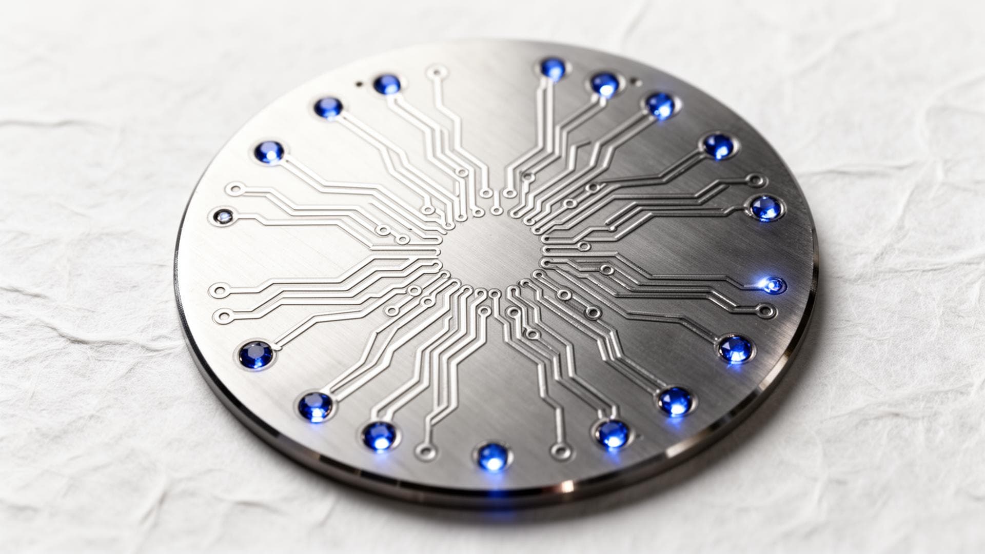 Brushed titanium wafer with sapphire LED nodes